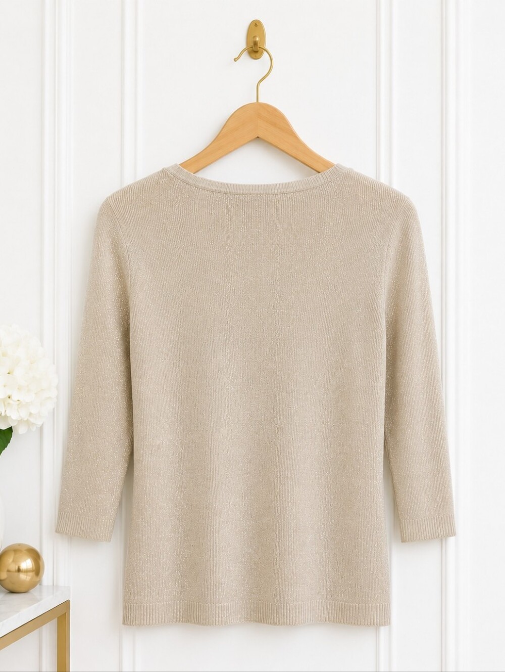 August Silk | Beige Shimmer Knit Top  Pearl Embellished 3/4 Sleeve Size: M - Picture 6 of 8